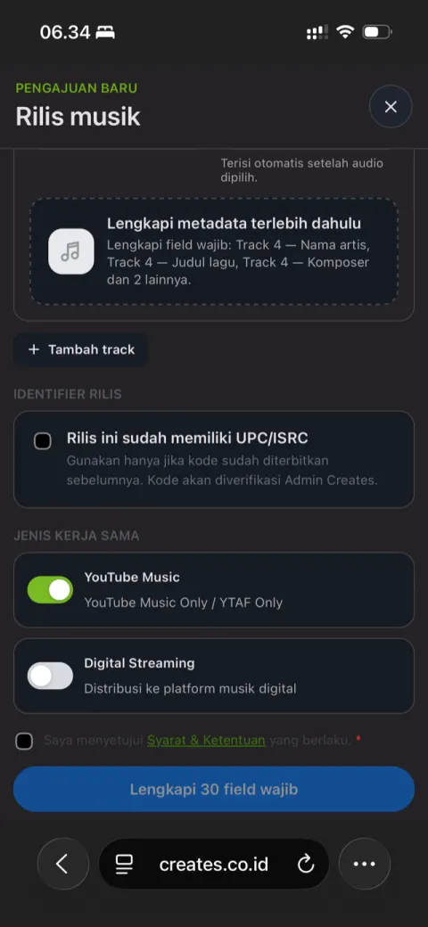 Form Rilis Musik di platform Creates