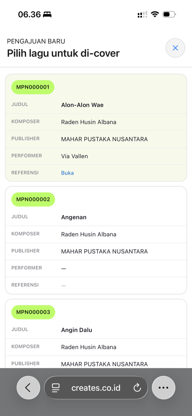 Katalog Lagu Cover di platform Creates